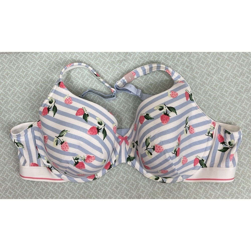 Lane Bryant Lightly Lined T-Shirt Bra Sz 46C Underwire Blue Strawberry PrintCute